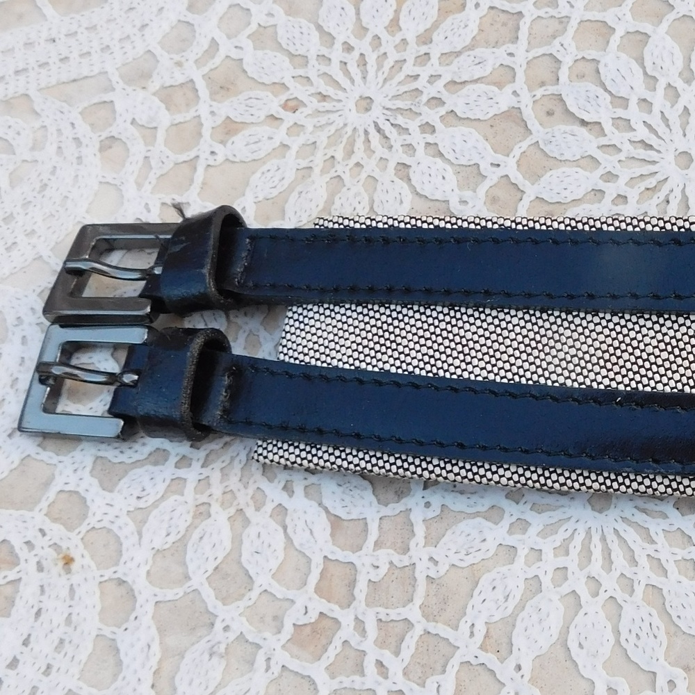 Italian EXTE Belt Black Leather Gray Canvas Italy 29-33"